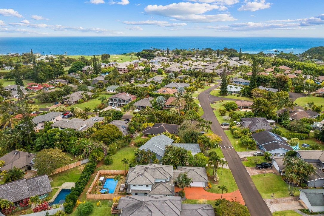 Aerial view of Princeville and the ocean